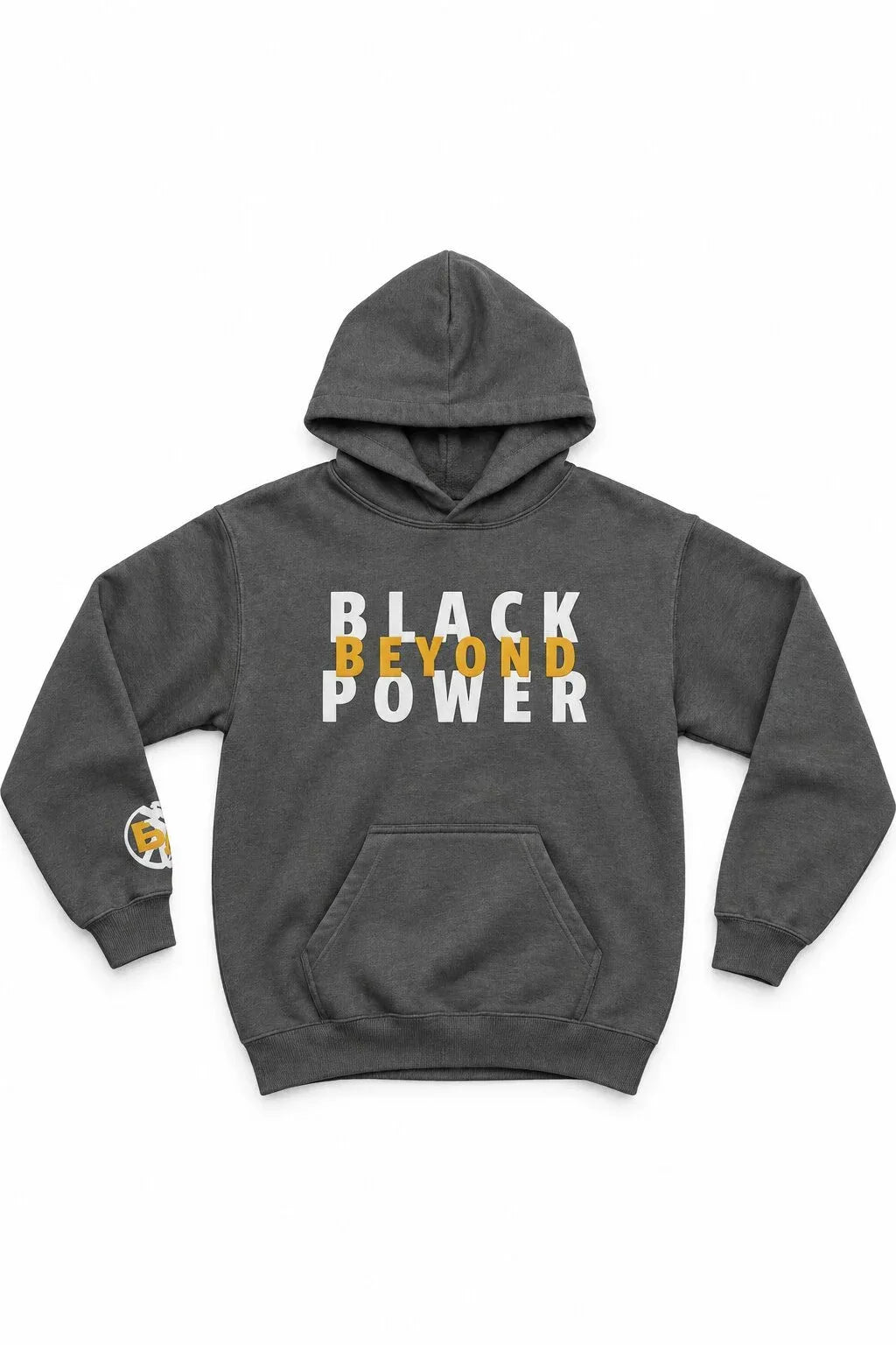 A dark gray pullover hoodie with a front kangaroo pocket and a graphic print on the chest reading 'BLACK BEYOND POWER' in white and yellow, plus a small circular graphic on the left sleeve.